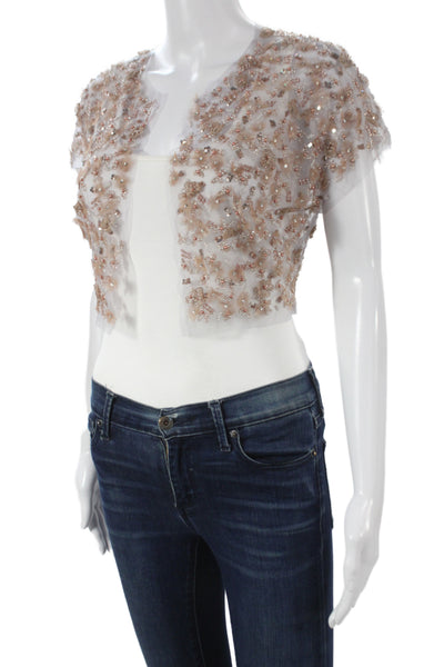 Badgley Mischka Women Basic Jacket Beige Tulle Floral Short Sleeve Size S