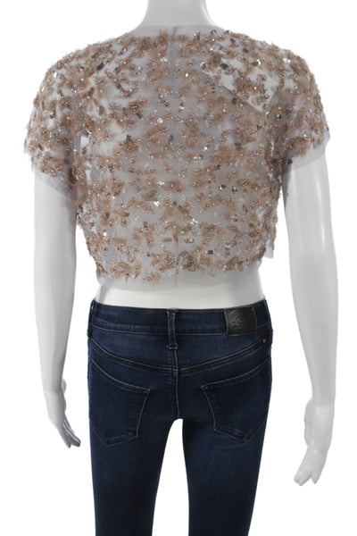 Badgley Mischka Women Basic Jacket Beige Tulle Floral Short Sleeve Size S