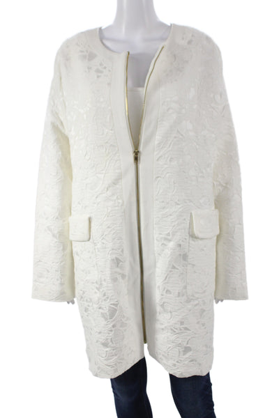 Badgley Mischka Women Bomber Jacket Ivory Floral Zip Long Sleeve Size 4