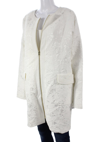 Badgley Mischka Women Bomber Jacket Ivory Floral Zip Long Sleeve Size 4