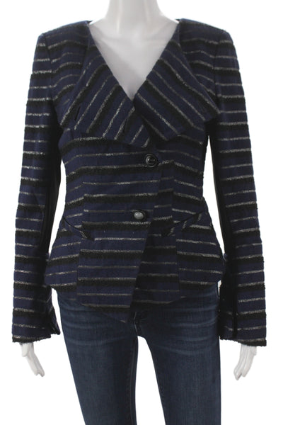 Badgley Mischka Womens Blue Wool Striped Basic Jacket Button Size 4