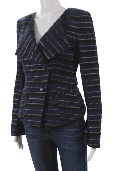 Badgley Mischka Womens Blue Wool Striped Basic Jacket Button Size 4
