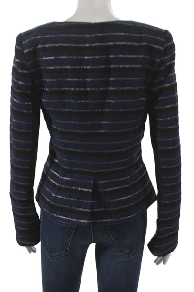 Badgley Mischka Womens Blue Wool Striped Basic Jacket Button Size 4