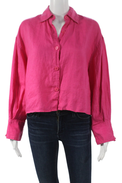 Zara Womens Cropped Button Up Pink Collared Long Sleeve Solid Size XS