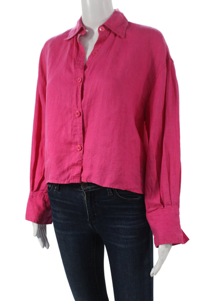 Zara Womens Cropped Button Up Pink Collared Long Sleeve Solid Size XS