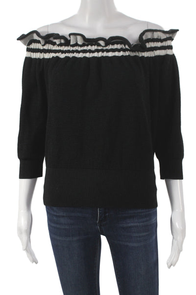 3.1 Phillip Lim Women Black Striped Boat Neck 3/4 Sleeve Pullover Wool Size XS