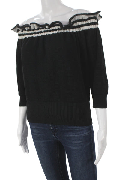 3.1 Phillip Lim Women Black Striped Boat Neck 3/4 Sleeve Pullover Wool Size XS