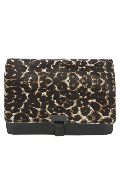 Sandro Womens Leopard Printed Pony Hair Leather Clutch Handbag Black Brown