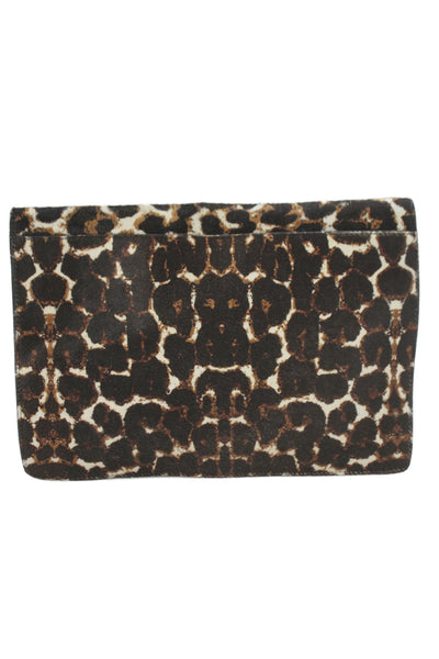 Sandro Womens Leopard Printed Pony Hair Leather Clutch Handbag Black Brown