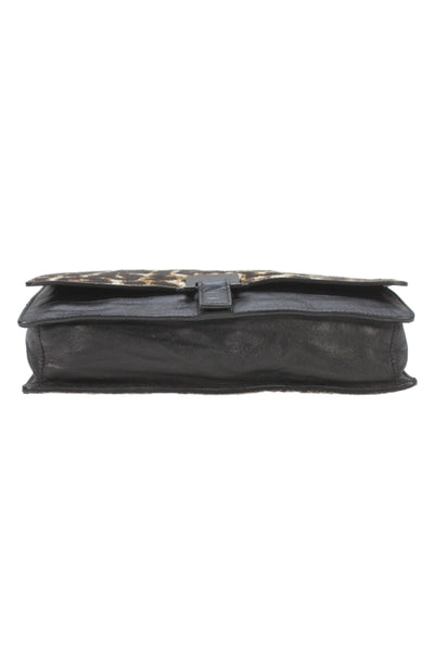 Sandro Womens Leopard Printed Pony Hair Leather Clutch Handbag Black Brown