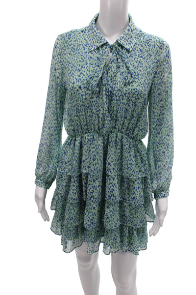 Zara Womens Mini Animal Print Collared Long Sleeve Dress Blue Size S