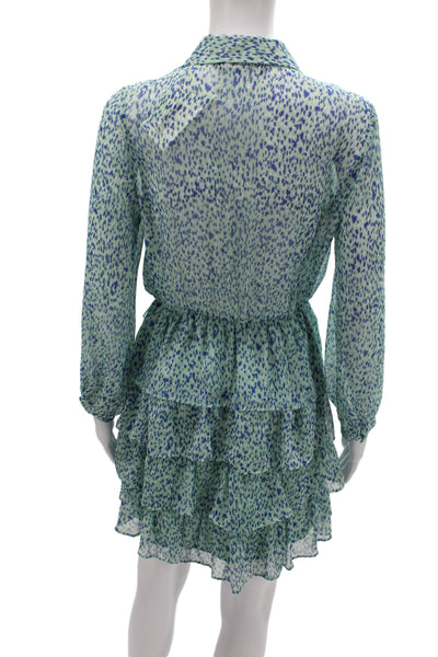Zara Womens Mini Animal Print Collared Long Sleeve Dress Blue Size S
