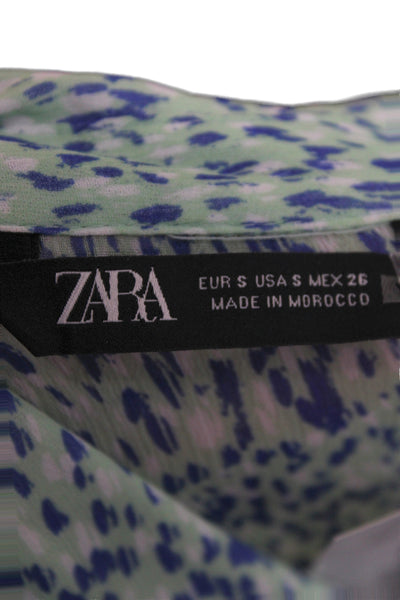 Zara Womens Mini Animal Print Collared Long Sleeve Dress Blue Size S