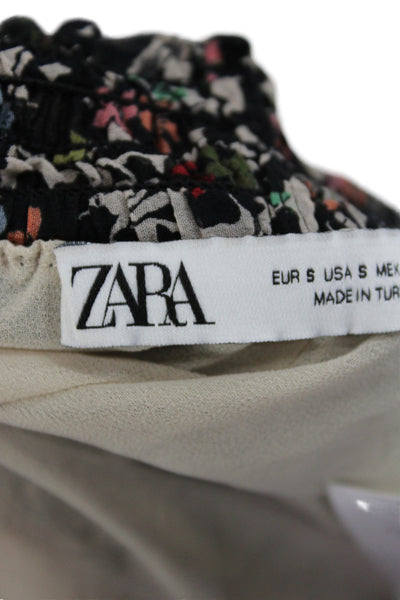 Zara Women Black Floral Mini Skirt 100% Viscose Pull On Size S