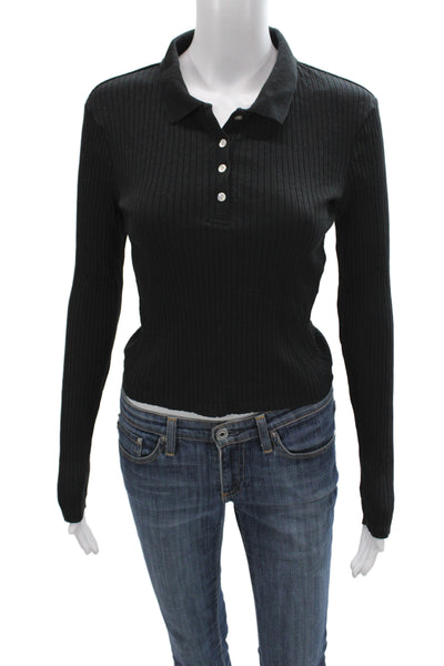 Zara Women Collared Ribbed Striped Polo Button Long Sleeve Black Size S