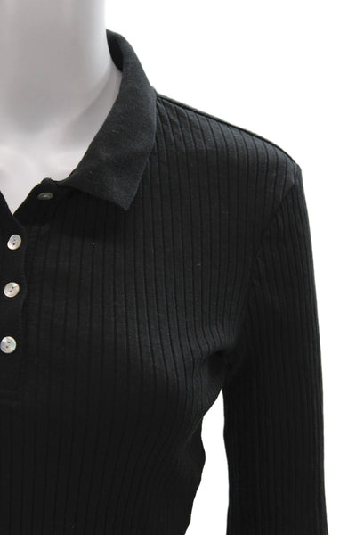 Zara Women Collared Ribbed Striped Polo Button Long Sleeve Black Size S