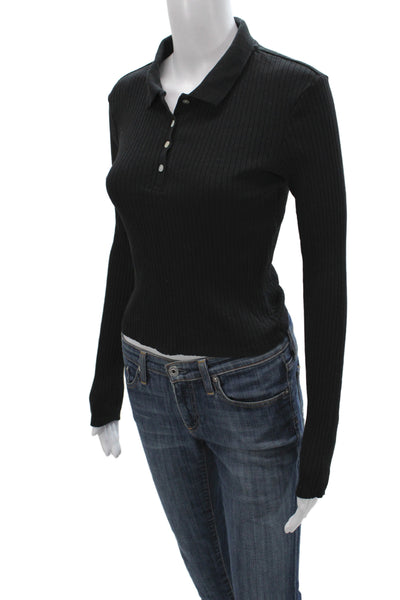 Zara Women Collared Ribbed Striped Polo Button Long Sleeve Black Size S