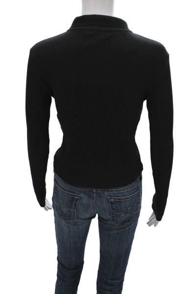 Zara Women Collared Ribbed Striped Polo Button Long Sleeve Black Size S