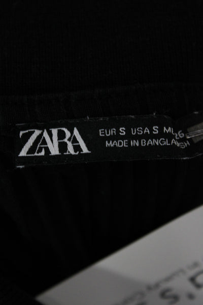 Zara Women Collared Ribbed Striped Polo Button Long Sleeve Black Size S