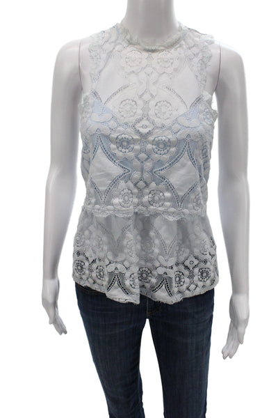 Saylor Womens Cropped Blouse Blue Floral Sleeveless Cotton Boho Size S
