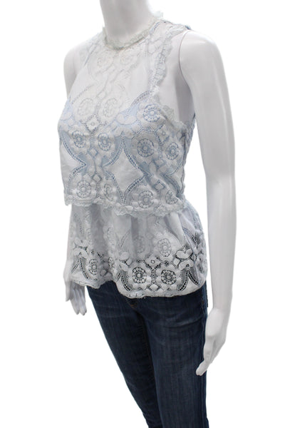 Saylor Womens Cropped Blouse Blue Floral Sleeveless Cotton Boho Size S