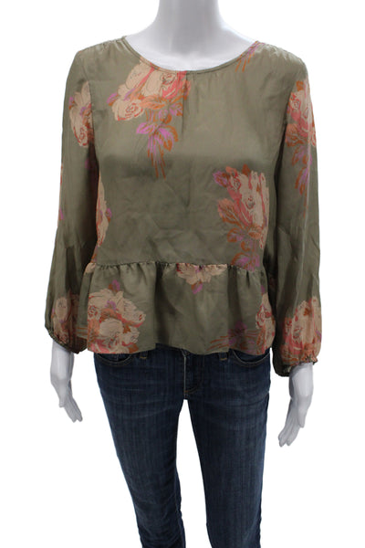 The Great Womens Silk Floral Tunic Blouse Green Long Sleeve Size 1