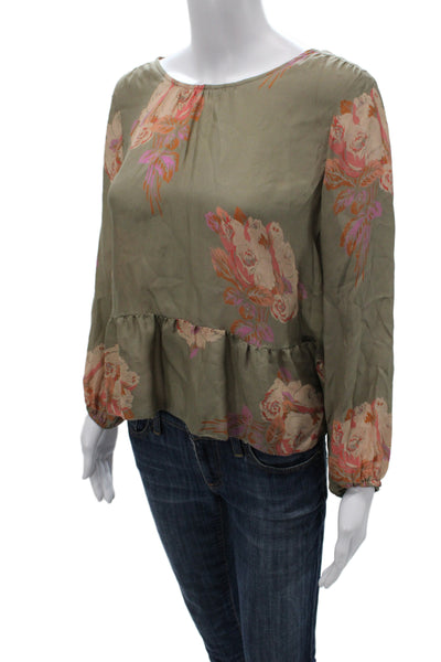 The Great Womens Silk Floral Tunic Blouse Green Long Sleeve Size 1