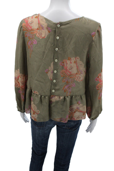 The Great Womens Silk Floral Tunic Blouse Green Long Sleeve Size 1