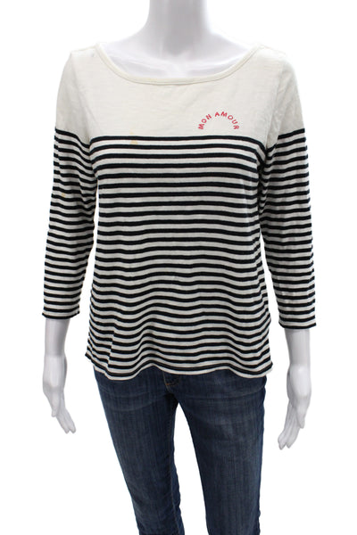Soft Joie Womens Black Striped Scoop Neck 3/4 Sleeve Cotton T-Shirt Size S