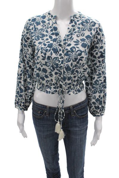 Cara Cara Womens Cropped Floral V-Neck Cotton Button Blouse 3/4 Sleeve Size M
