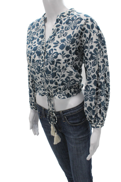 Cara Cara Womens Cropped Floral V-Neck Cotton Button Blouse 3/4 Sleeve Size M