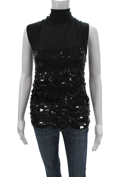Parosh Women Black Silk Sequin Basic Tank Turtleneck Sleeveless Tie Size M