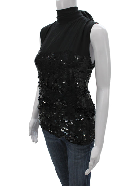 Parosh Women Black Silk Sequin Basic Tank Turtleneck Sleeveless Tie Size M