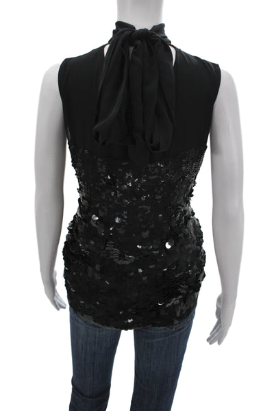 Parosh Women Black Silk Sequin Basic Tank Turtleneck Sleeveless Tie Size M
