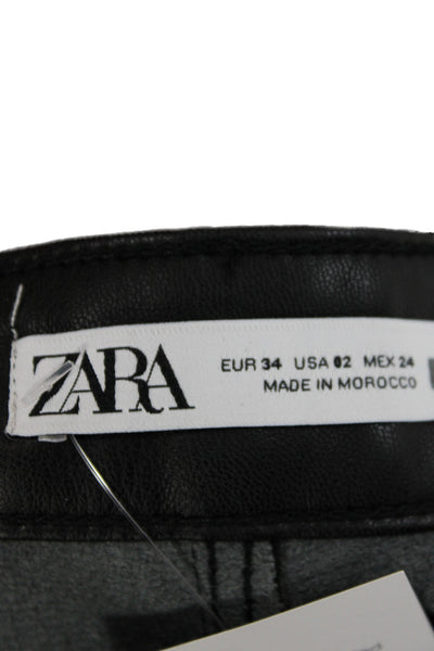 Zara Women Cropped Black Faux Leather Pants Button Size 2