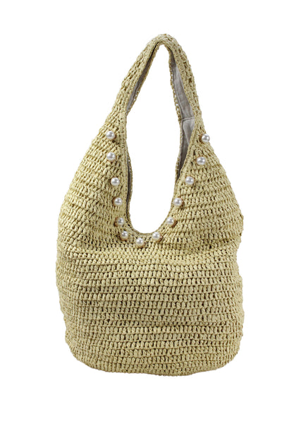 BTB Los Angeles Womens Straw Pearl Detail Shoulder Handbag Beige