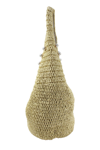 BTB Los Angeles Womens Straw Pearl Detail Shoulder Handbag Beige