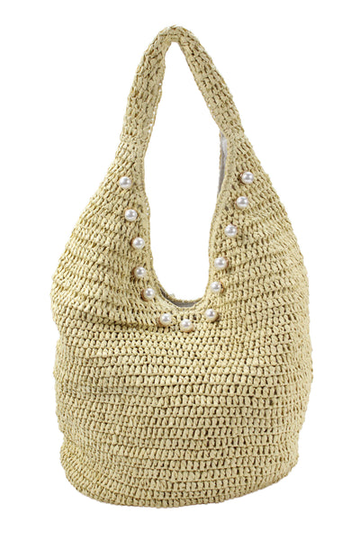 BTB Los Angeles Womens Straw Pearl Detail Shoulder Handbag Beige