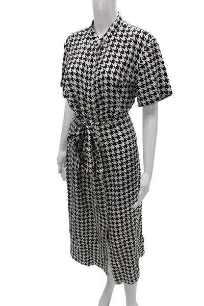 Equipment Femme Women Shirt Dress Black Houndstooth Midi Short Sleeve Size L