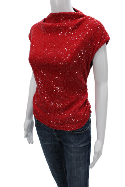 Fifteen Twenty Women Red Sequin Cowl Neck Sleeveless Blouse Size M