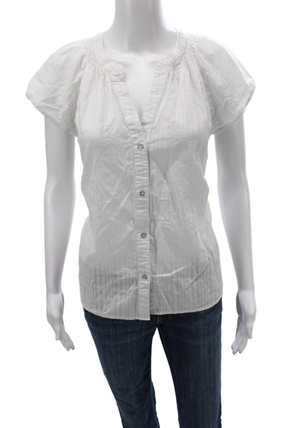 Rails Women Striped V-Neck Cotton Blouse Short Sleeve Button White Size M