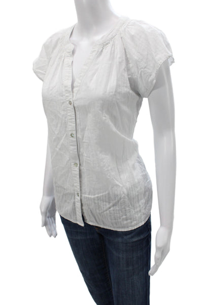 Rails Women Striped V-Neck Cotton Blouse Short Sleeve Button White Size M