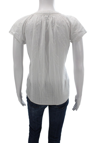 Rails Women Striped V-Neck Cotton Blouse Short Sleeve Button White Size M