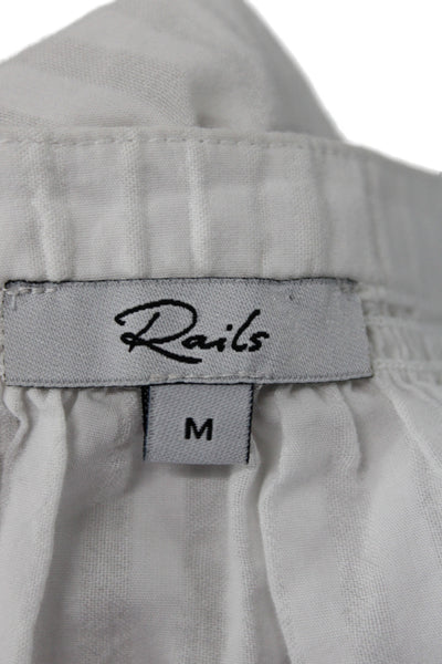 Rails Women Striped V-Neck Cotton Blouse Short Sleeve Button White Size M