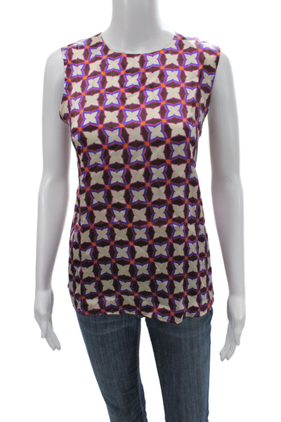 Marella Womens Silk Sleeveless Tank Beige Geometric Round Neck Zip Size 40