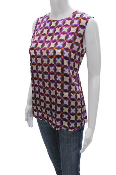 Marella Womens Silk Sleeveless Tank Beige Geometric Round Neck Zip Size 40