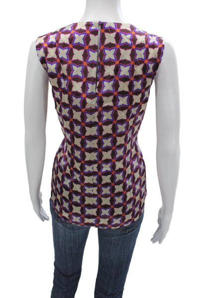 Marella Womens Silk Sleeveless Tank Beige Geometric Round Neck Zip Size 40