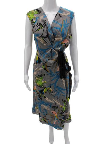 Tracy Reese Women Sleeveless Gray Silk Wrap Dress V-Neck Tie Knee Length Size L