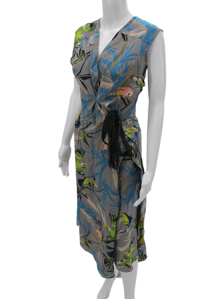 Tracy Reese Women Sleeveless Gray Silk Wrap Dress V-Neck Tie Knee Length Size L