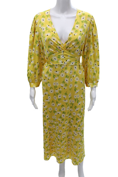 Maggy London Womens Maxi Floral V-Neck Yellow Dress 3/4 Sleeve Size 16